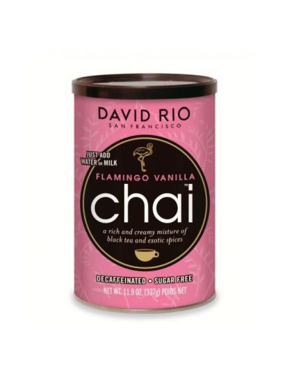 David Rio Flamingo Vanilla Sugarfree Chai - bez kofeinu a cukru - dóza 337 g + bateriový napěňovač mléka jako DÁREK - 2